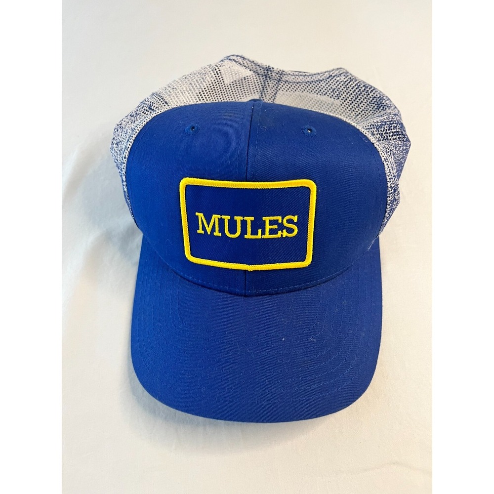 Vintage MULES Baseball Trucker Hat Cap Embroidered Foam Mesh Blue Yellow‎ 80's